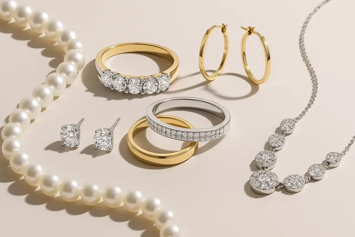 Pearls, diamond anniversary bands, hoop earrings, diamond studs and a diamond necklace