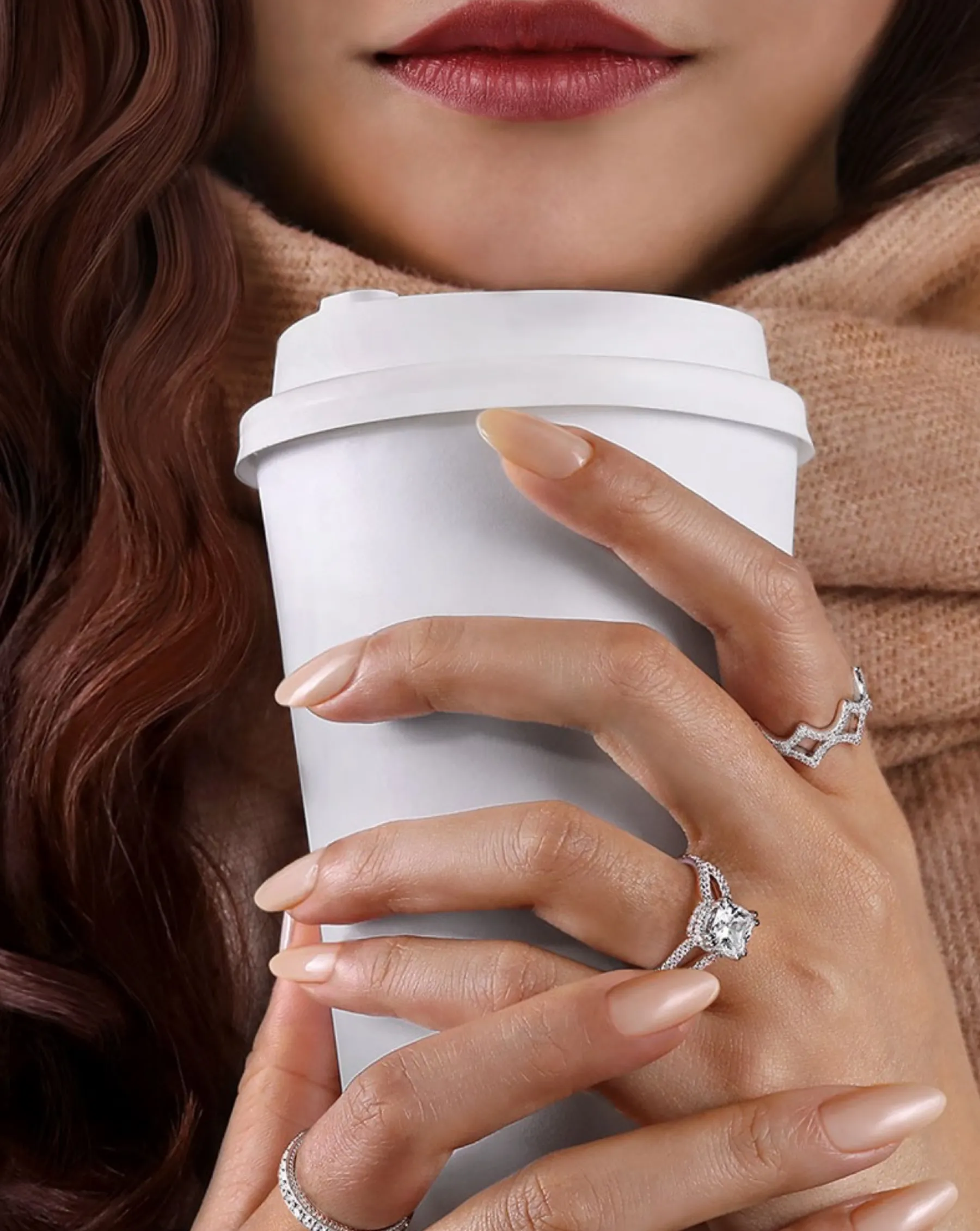 Young Woman with Red Lipstick Holding Coffee