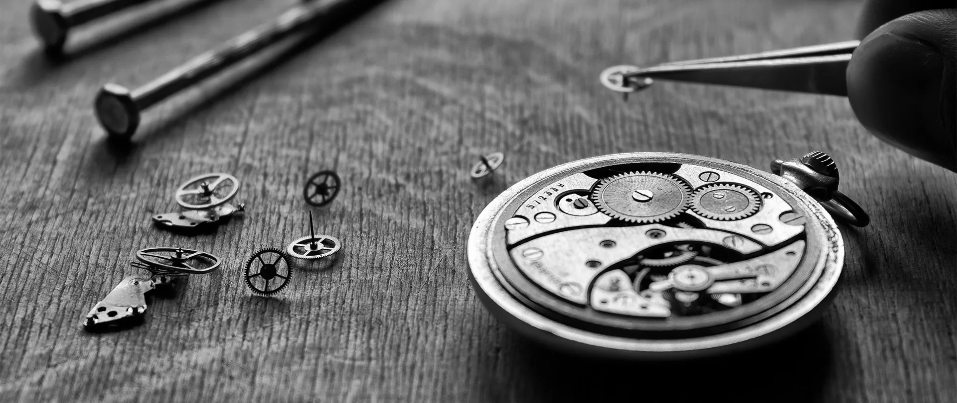 Vintage watch movement on a jeweler's bench at L.I. Gold Mine Jewelers in Smithtown, NY