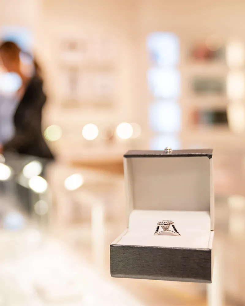 Engagement ring in an open box on display at Arezzo Jewelers, Elmwood Park, IL.