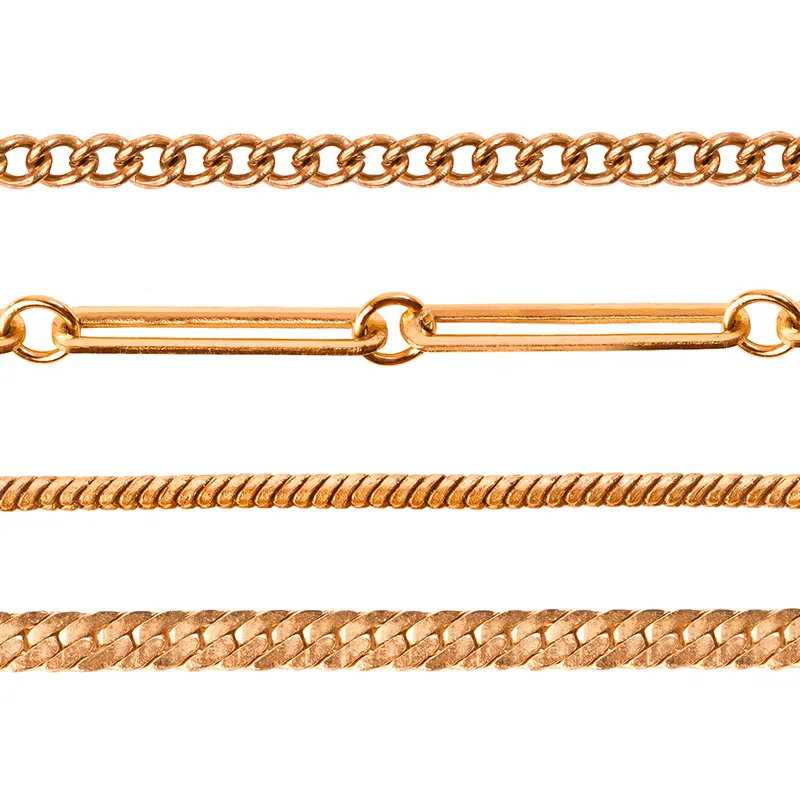 Four different styles of gold chains displayed horizontally on a white background.