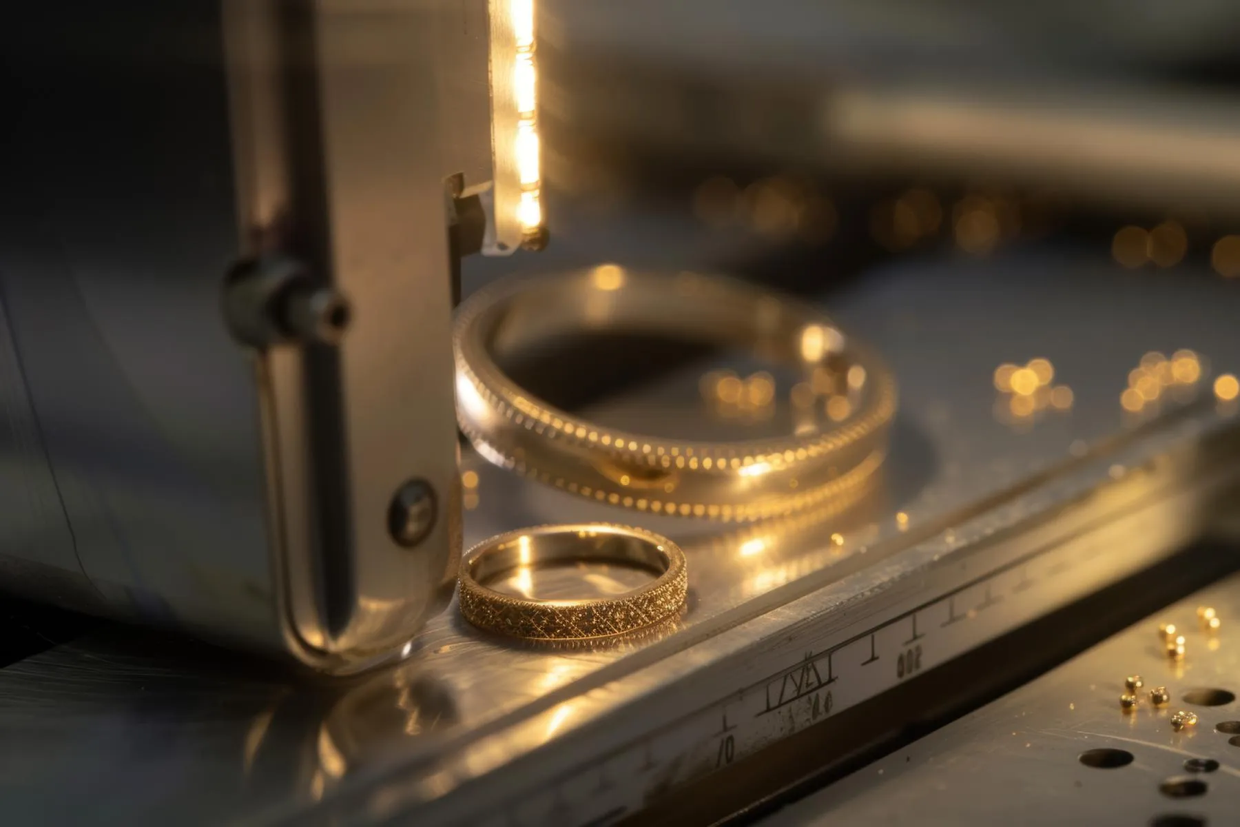 Close-up of gold rings on a workbench, showcasing intricate designs and engraving tools. Click to see our engraving page.