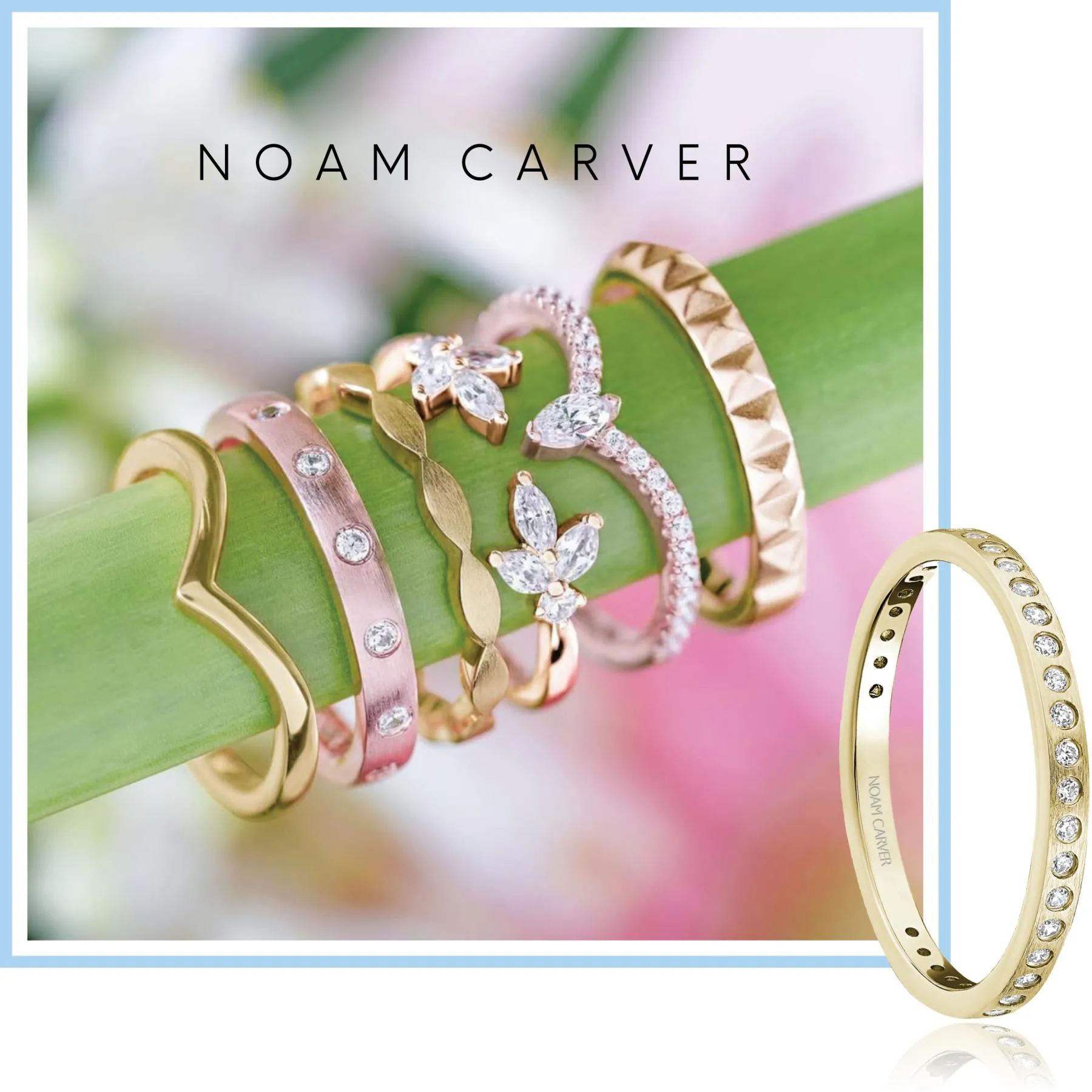 Noam Carver diamond wedding band collection featuring yellow gold, rose gold, and stackable bridal rings