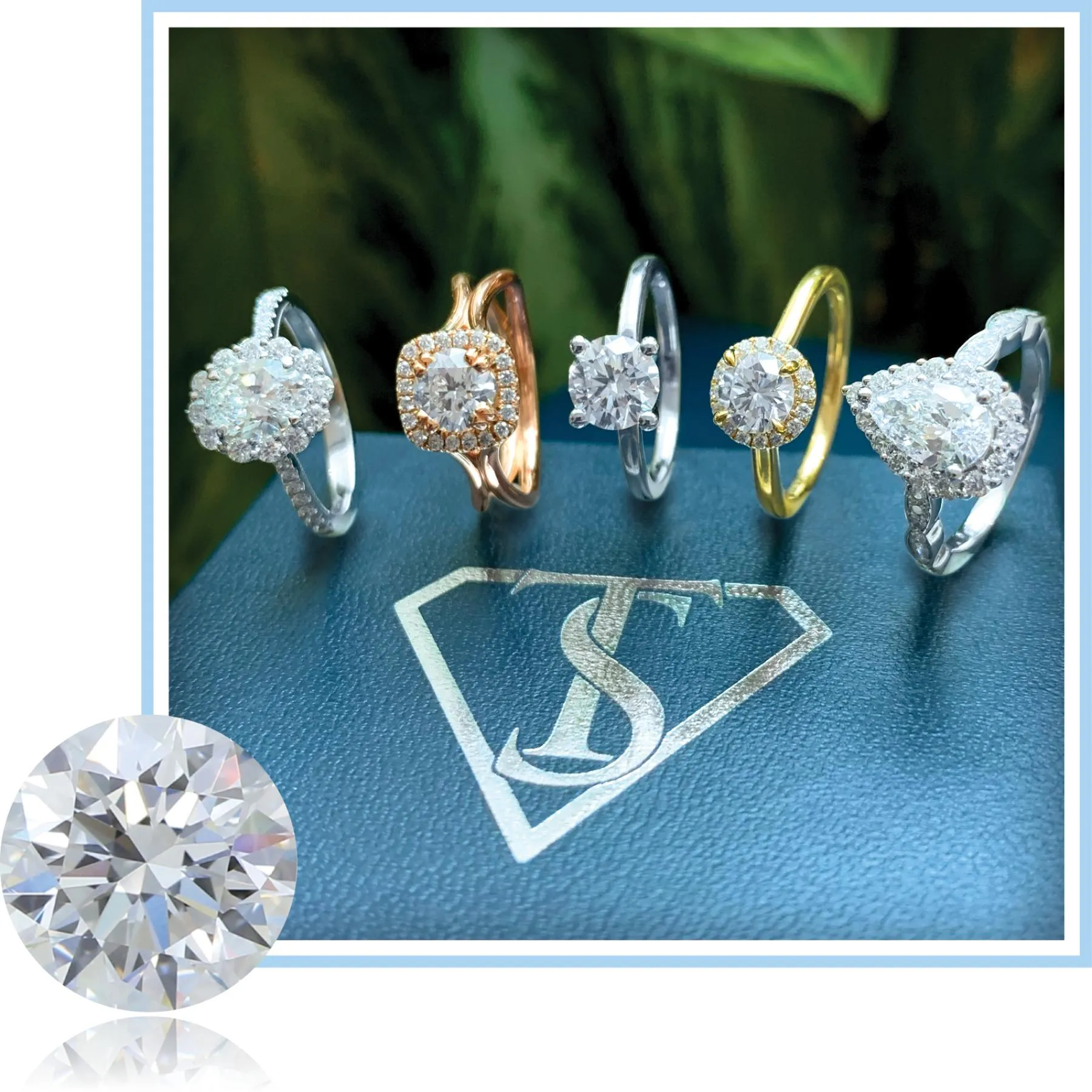 Diamond education guide featuring various diamond engagement ring styles