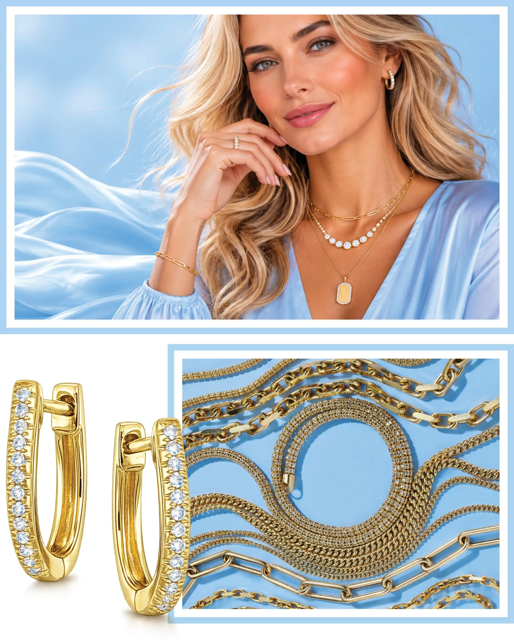 Woman wearing diamond gold hoop earrings and layered gold necklaces