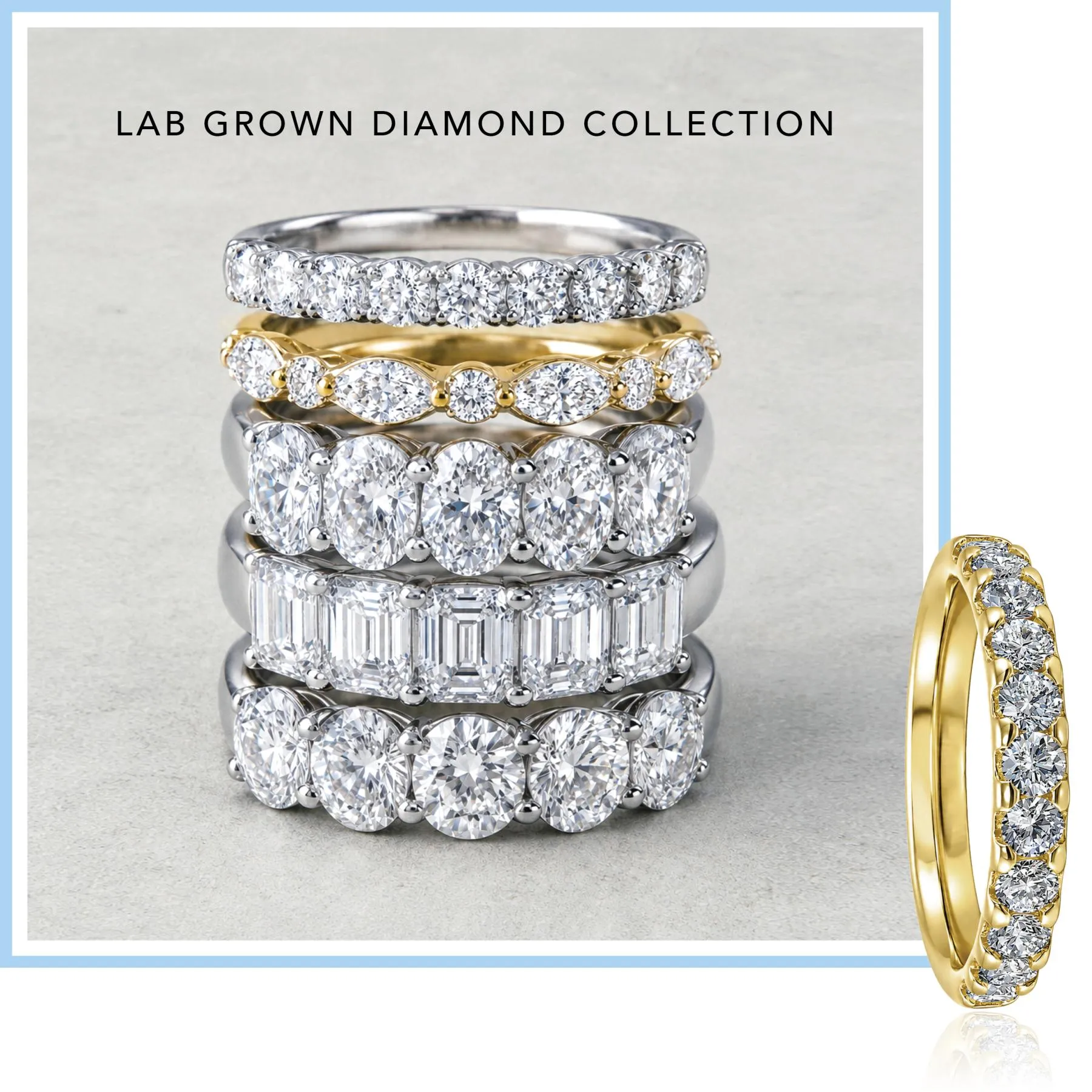Lab-grown diamond wedding bands in white gold and yellow gold settings