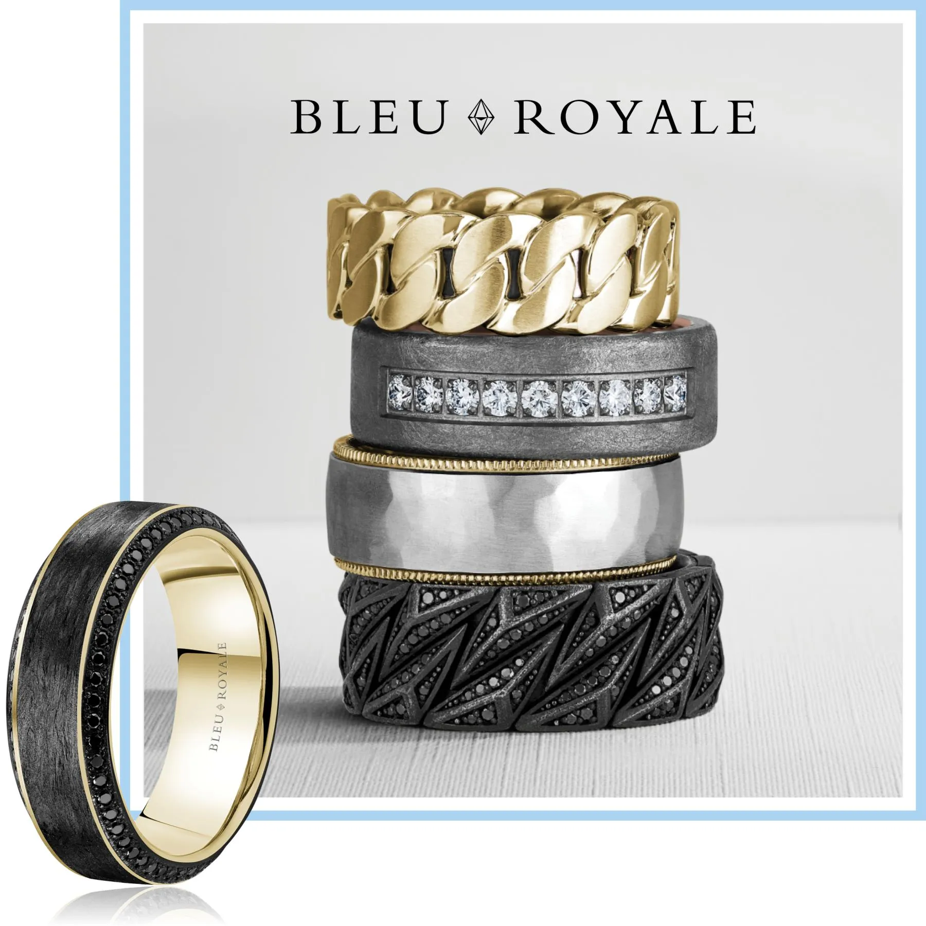 Bleu Royale men's wedding bands featuring black diamonds, gold, carbon fiber and contemporary designs