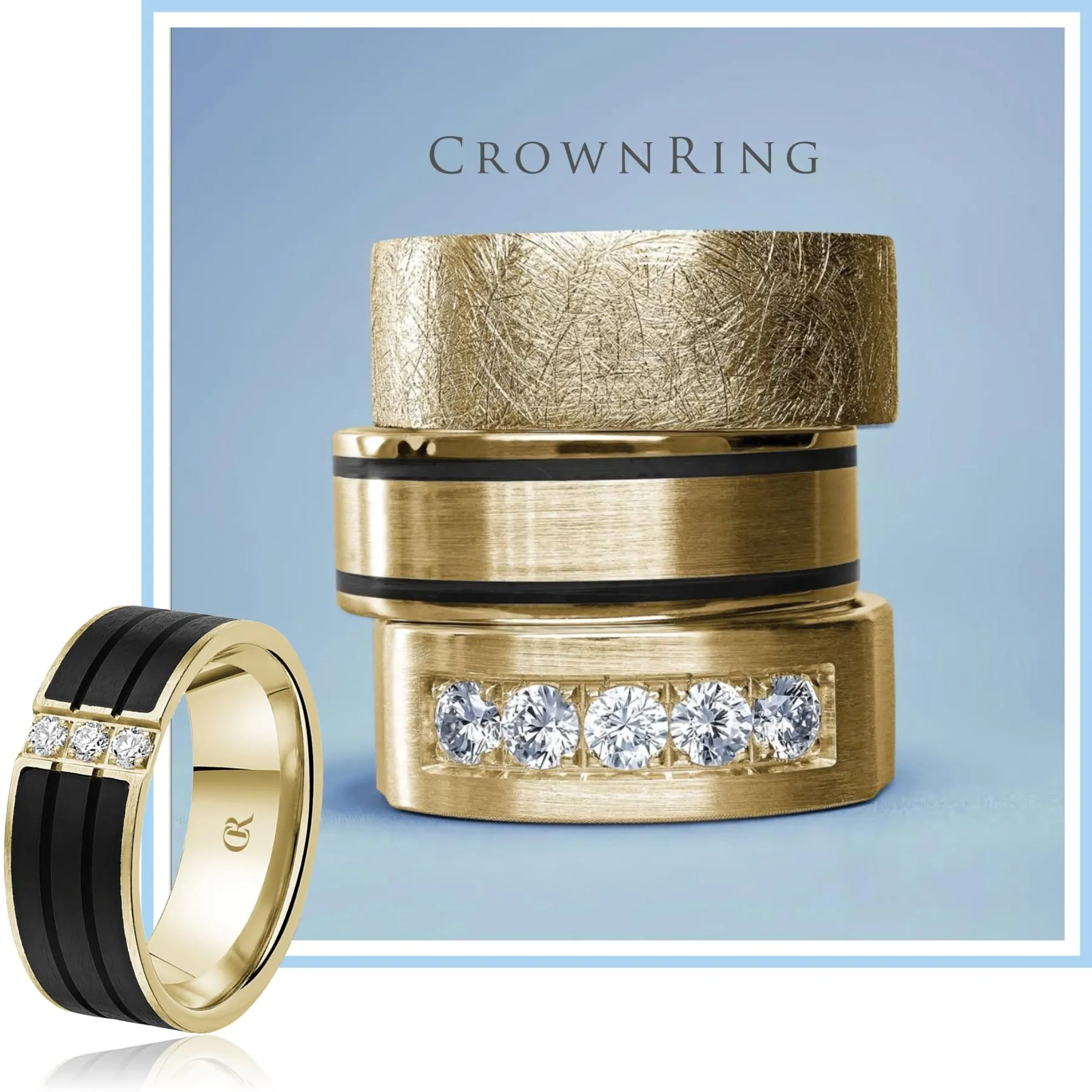 CrownRing men's yellow gold wedding bands featuring carbon fiber inlays and diamond accents.