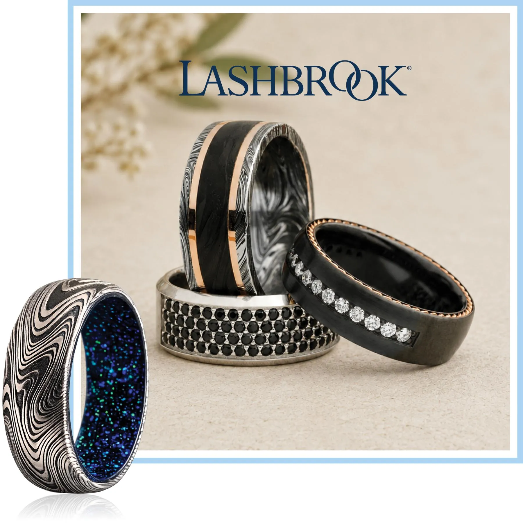 Lashbrook Damascus steel wedding bands with black finish, rose gold inlays, and diamond accents