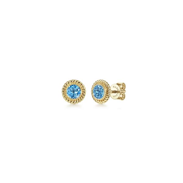 Gabriel & Co 14K Yellow Gold Round Blue Topaz and Twisted Rope Frame Stud Earrings Tom Cook Jeweler, Inc. Daytona Beach, FL
