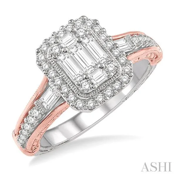 3/4 Ctw Octagonal Mount Two Tone Accent Round Cut and Baguette Diamond Ring  in 14K White and Rose Gold