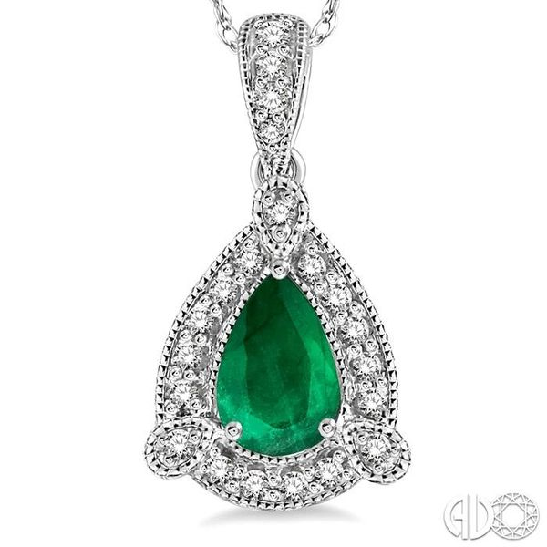 6x4 mm Pear Shape Emerald and 1/10 Ctw Round Cut Diamond Pendant in 10K White Gold with Chain Image 3 Trinity Diamonds Inc. Tucson, AZ