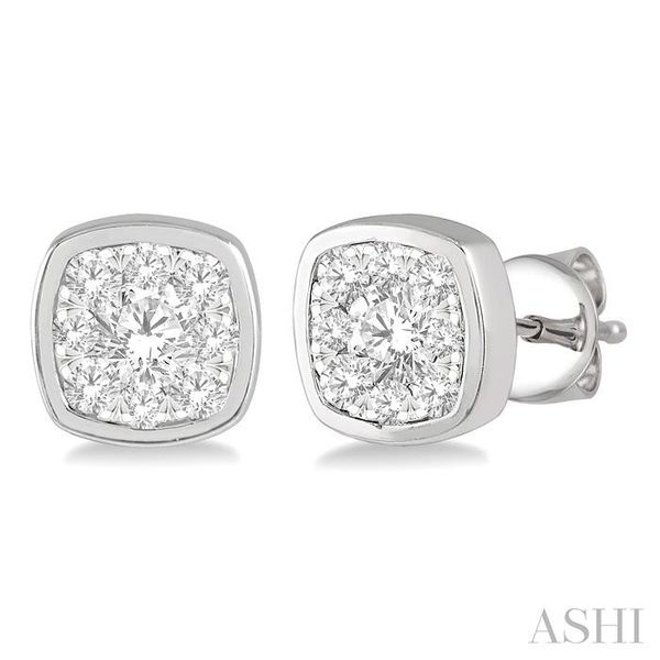 1/3 ctw Cushion Shape Round Cut Diamond Lovebright Bezel Stud Earring in 14K White Gold Trinity Diamonds Inc. Tucson, AZ