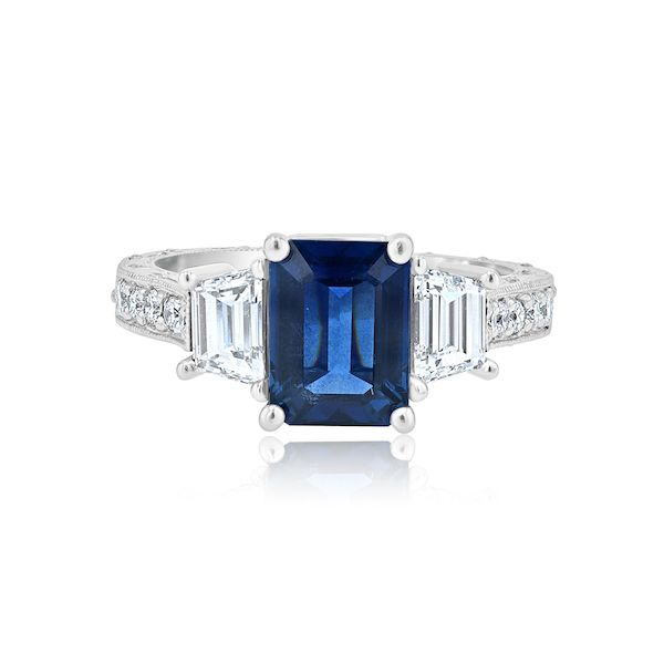 Neat Emerald-Cut Sapphire & Trapezoidal Diamond Platinum Ring Washington Diamond Falls Church, VA