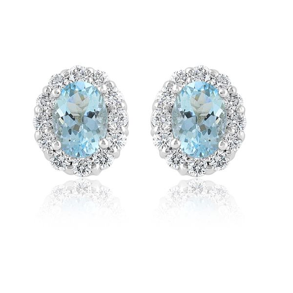 14kwg Oval Aqua & Diamond Earrings