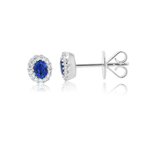 18kw 4x3mm 30rbc =0.16ctw GH-SI Oval Halo Sapphire Earrings - image 2